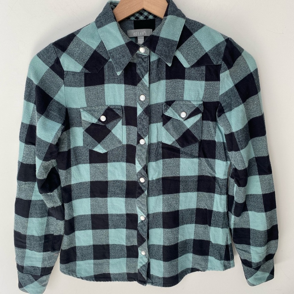 dELiA*s Long sleeve flannel Turquoise & black Top